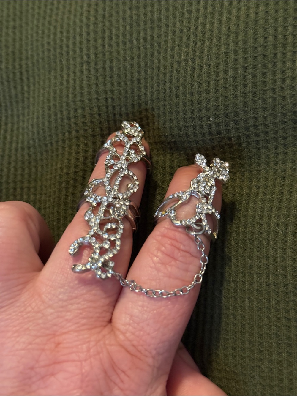 Silver Crystal Filigree Double Finger Chain Ring - Silver